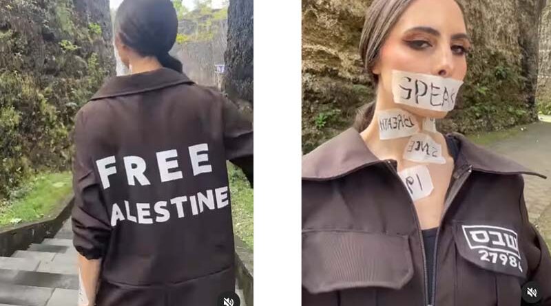 Miss Palestina com roupa de prisioneiro